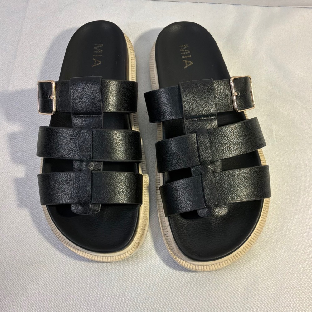 MIA Black Caged Buckle Slide Sandals Platform Lug Sole Womens 10